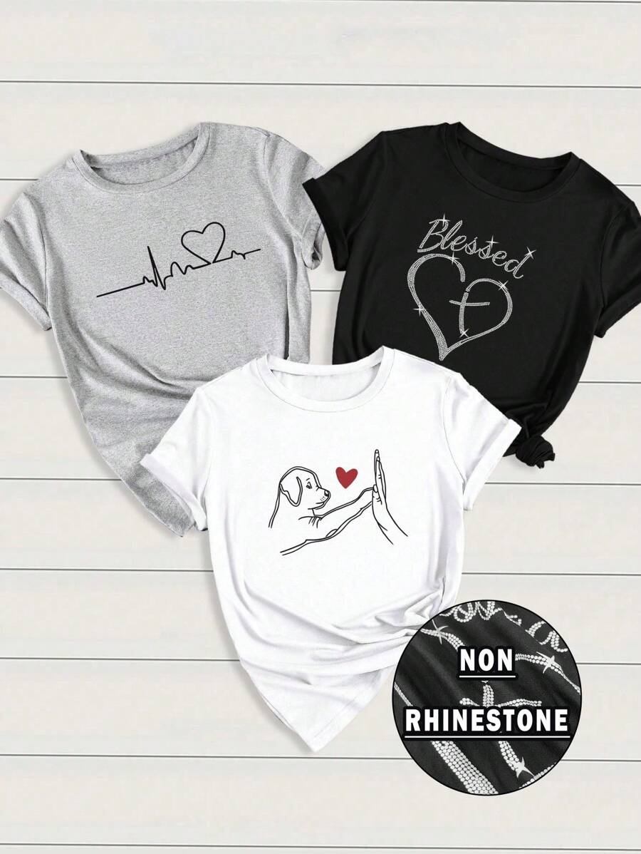 INAWLY 3件套 女士休闲短袖T恤，印有心形、心电图和字母图案，印花T恤 女式上衣 - 彩色 - 查看 1