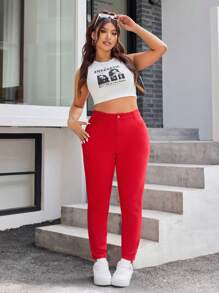 SHEIN EZwear Plus Size Solid Color Front Button Pocket Casual Jeans - Red - View 3