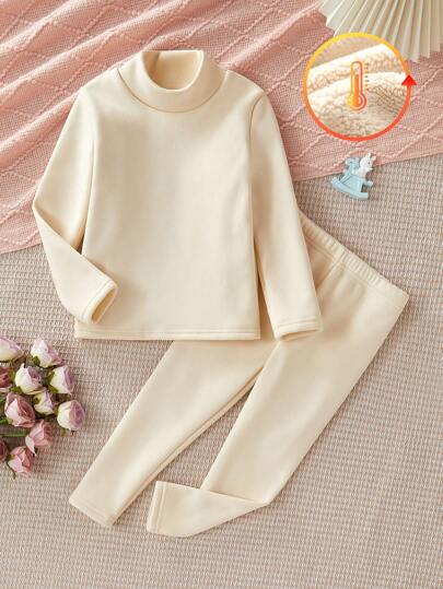 2 件套年轻女孩纯色圆领长袖上衣和紧身裤、保暖内衣套装