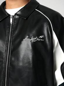 ROMWE MEN Street Life Men's Racing Autumn Letter Graphic Long Sleeve PU Leather Jacket - Black - View 2