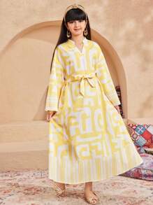 SHEIN Tween 女童宽松休闲立领几何图案长袖中长连衣裙 - 白色 - 查看 7
