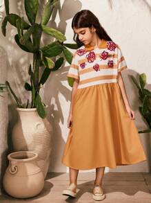 SHEIN Tween-Mädchen 1 Stück Einteiliges Kleid im City-Freizeit-Stil mit Polokragen, kurzen Ärmeln und Rosenstreifenmuster. Dieses Kleid eignet sich für verschiedene Anlässe wie Stadtausflüge, Feiertagstreffen und die Schule. - Verschiedenfarbig - Übersicht 6