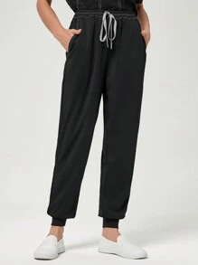 TaskEZ 2pcs/Set Women's Contrast Color V-Neck Short Sleeve T-Shirt And Drawstring Scrub Pants Scrub Uniform - Black - View 7