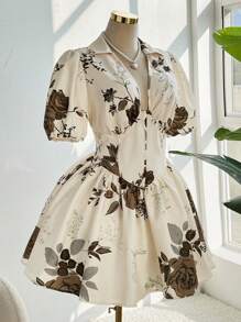 Ceyna Vestido corto de verano de manga corta con estampado floral, minimalista y elegante para talla grande