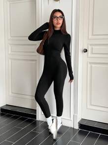Flirla Bộ đồ liền thân bó sát dệt kim giữ nhiệt cổ đứng - màu đen - Xem 6
