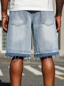 Manfinity Homme 男式多口袋磨边休闲牛仔短裤 - 藍色 - 查看 2