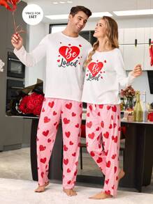 CoupledUp Conjunto de pijama de manga larga y pantalones largos con patrón de corazón y contraste de colores, para hombre, como regalo del Día de San Valentín