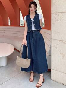 DAZY Damen Gewaschenene zweifarbige Denim-Weste und Denim Rock im Cowgirl-Stil, Frühling/Sommer