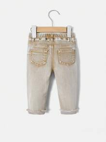 SHEIN Jeans casual per bambini maschi, kaki strappati e decorati con toppe morbide, adatti come abbigliamento per il ritorno a scuola