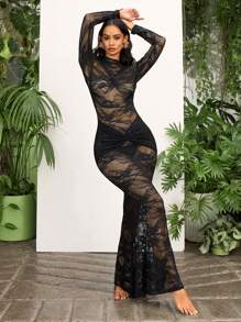 Opulessa 1pc Women's Solid Color Knitted Lace Mermaid Dress - Black - View 5