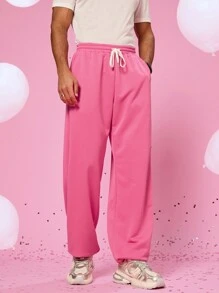 Manfinity VCAY Unisex Casual Knit Heart Pattern Drawstring Waist Ankle Cuffed Pink Pants - Pink - View 1