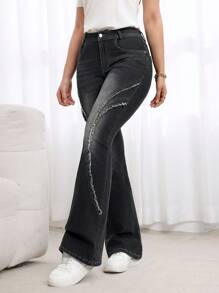 SHEIN LUNE Women's Pocketed Frayed Hem Casual Versatile Flared Jeans - Black - View 5