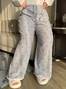 Dazy Plus Plus Size Women Plaid Pattern Elastic Waist Loungewear Pants, Suitable For All Seasons Pajama, Fall, Winter - Grey - View 6