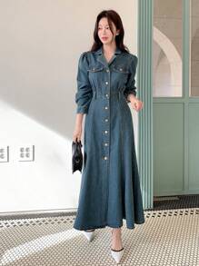 DAZY 女士休闲牛仔连衣裙，简约时尚，日常穿着。 - 藍色 - 查看 5