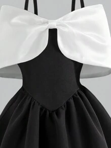 Young Girl Contrast Color Bow Design Off Shoulder Fashionable Dress - Multicolor - View 3