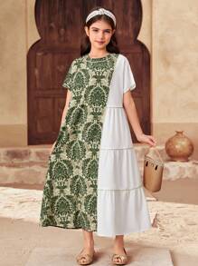 SHEIN Leap Crew Tween 女童超大休闲图案拼色多层圆领连衣裙 - 綠色 - 查看 5
