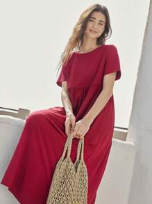 EMERY ROSE Women's Solid Color Crew Neck Short Sleeve Pleated Casual Long Dress - Burgundy - View 3