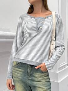 INAWLY Camiseta casual de mujer con rayas y parches, 2 en 1 para otoño