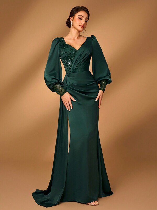 Serin Elegant Luxury Emerald Green Sequins Patchwork Elastic Satin Mermaid Hem With Side Ruffle, Mother Of The Bride Dress Suitable For Wedding Party