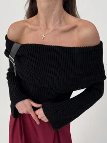 Aloruh Women's Off-Shoulder Long Sleeve Fitted Warm Leather Button Stylish Sweater, Autumn/Winter