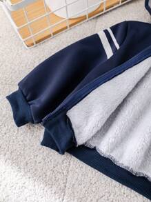 SHEIN Bộ 2 món/Bộ quần áo nỉ dày họa tiết chữ màu xanh navy có dây rút có mũ trùm đầu cho bé trai/bé gái và quần dài thể thao, phong cách thường ngày của trường đại học, thích hợp mặc ở nhà, đi chơi và giữ ấm trong thời tiết lạnh - Màu xanh hải quân - Xem 5