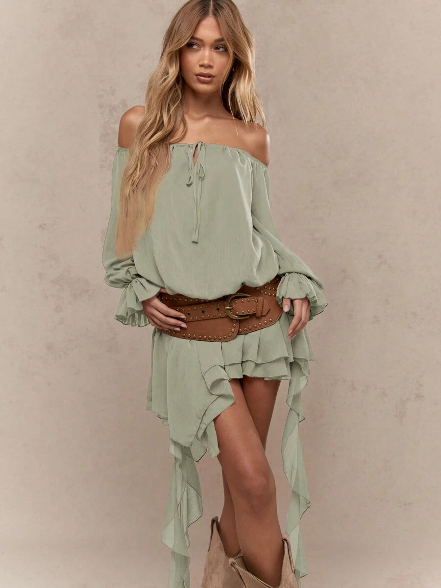 MISSGUIDED Bohemian Off Shoulder Ruffle Dress Beach Resort Bardot Maxi High Low Hem Sage Summer Vacation Evening Party Dress Christmas - Green - View 1