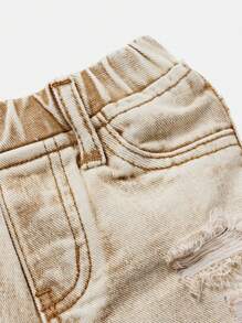 SHEIN 男婴休闲水洗破洞毛边宽松直筒卡其色牛仔短裤，适合宝宝春夏春假穿着 - 卡其色 - 查看 4