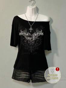 Attitoon Camiseta informal de mujer con diseño de corazón y alas, estilo gótico y punk