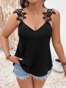 SHEIN LUNE Plus Size Women V-neck Floral Lace Tank Top, swobodny strój wakacyjny na lato