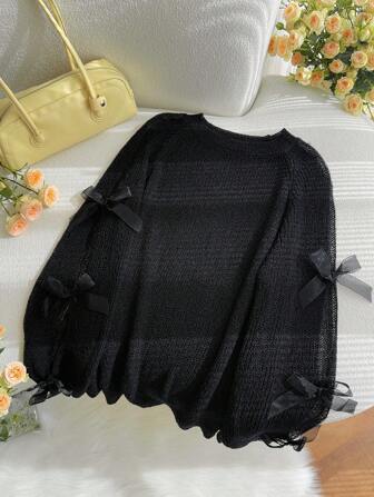 SHEIN Privé 大码纯色圆领长袖蝴蝶结装饰休闲套头毛衣