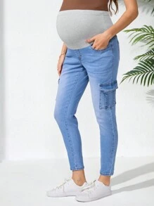 SHEIN Adjustable Waist Work Pockets Skinny Maternity Casual Jeans - Light Wash - View 3