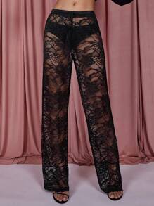 COSMINA Women's Solid Color Sheer Lace Pants, Casual Daily Wear - Black - View 4
