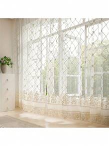 单片格子刺绣薄纱窗帘，顶部带挂钩的杆袋，3D 刺绣花卉图案，法式乡村浪漫白色窗帘，适用于客厅、卧室、隔断、秋季装饰、秋季装饰、房间装饰 - 白色 - 查看 10