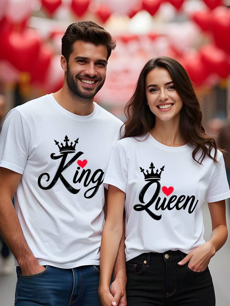 Manfinity Homme 时尚休闲情人节国王与王后元素印花情侣T恤修身圆领短袖适合送给男朋友的礼物白色 - 白色 - 查看 1