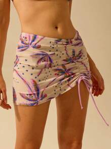 CAJUNI Women's Boho Tropical Colorful Coconut Tree Print Casual Holiday Summer Beach Swimwear Bottom Skirt