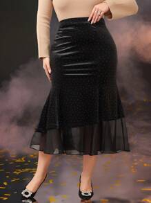 Modelyn Plus Size Women's Rhinestone Embellished Fish Tail Hem Elegant Skirt - Black - View 3