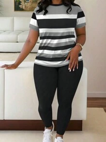 Maweii Plus Size Fashion Striped Print Casual Short Sleeve T-Shirt & Pants 2 Pieces Set, Summer