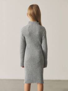 SHEIN Tween Girl Ribbed Knit Sweater Dress - Light Grey - View 8