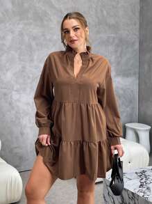 SHEIN Essnce Plus Size Women Solid Color V-Neck Long Sleeve Ruffle Hem Casual Dress For Autumn Fall - Brown - View 5