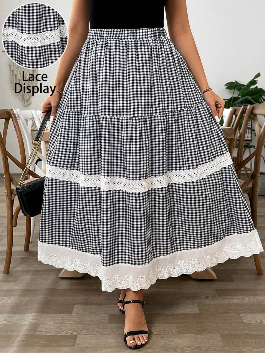 Celure Falda de corte evasé con patchwork de cuadros y volante en el bajo - Negro - Ver 1