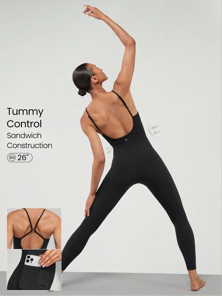 Mono Bodysuit Ajustable Con Control De Abdomen Y Soporte Ligero Para Estudios De Yoga De Bajo Impacto, Espalda En U Con Bolsillo, Featherfit™ 26"