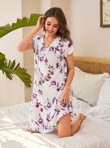 SHEIN 女士浪漫紫色花卉和植物印花纹理面料休闲日常连衣裙和家居服 - 紫色 - 查看 4