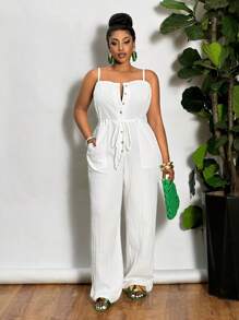 Slaydiva Versatile Minimalist White Casual All-Match Sexy Essentialist Plus Size Women Strappy Textured Fabric Knitted Jumpsuit, Suitable For Spring/Summer