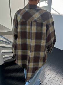 DAZY 休闲街头风格夏季宽松格子长袖翻领女衬衫，秋装，法兰绒女装 - 棕色 - 查看 2