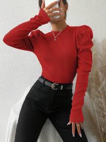 EURMUSE Cotton Half-High Collar Leg-Of-Mutton Sleeve T-Shirt - Red - View 3
