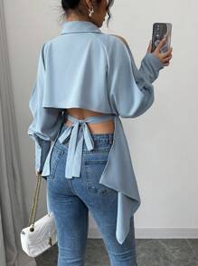 Elenzga 1pc Women's Elegant Open Shoulder Backless Tie Shirt, Solid Color - Baby Blue - View 2