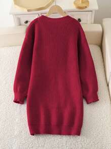 Girls' Handmade Floral Knitted Dress, Tween Girls Round Neck Long Sleeve Cute Elegant Pink Dress - Red - View 2