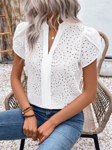 SHEIN LUNE Blouse femme à col en V ajouré, avec broderie florale sur les manches bouffantes. Idéale pour le printemps et l'été. - Blanc - Voir 6