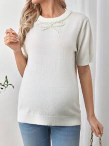 SHEIN 1pc Pregnant Women Solid Color Faux Pearl Decor Casual Pullover Sweater, Simple & Fashionable For Everyday Wear - White - View 5