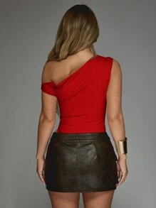 MISSGUIDED Asymmetric One Shoulder Bodysuit Sleeveless Form Fitting Party Club Night Out Dance Performance Summer Spring Stretchy - Red - View 2